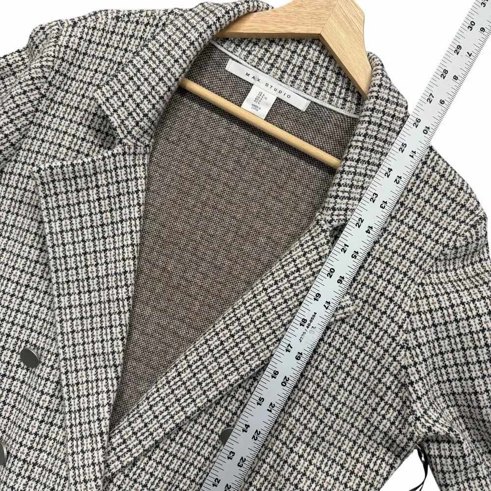 Max Studio Womens Blazer Jacket Sz L Brown Black White Houndstooth Double Breast